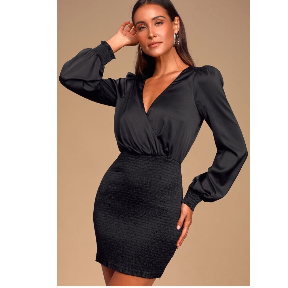 Lulu's Glam Smocked Black Satin Long Sleeve Bodycon Mini Dress Size S *NWT*